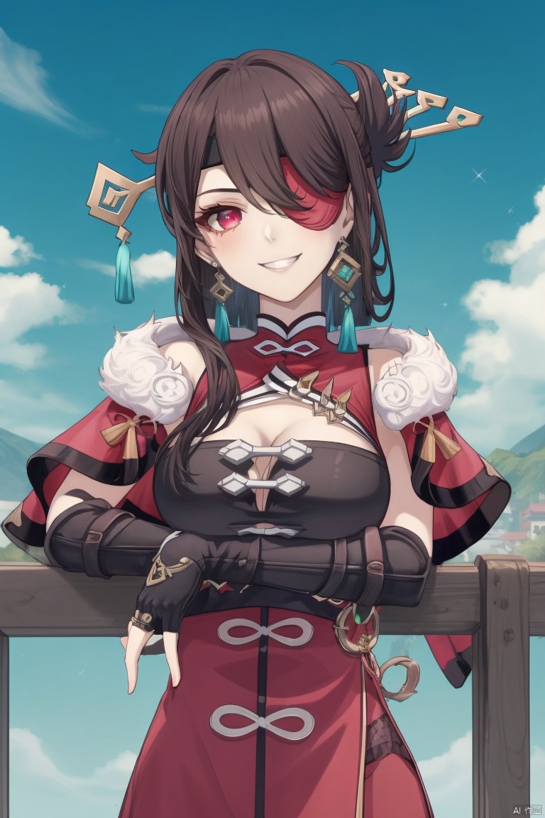 beidou, 1girl, beidou \(genshin impact\), eyepatch, solo, breasts, long hair, gloves, red eyes, smile, hair ornament, brown hair, fingerless gloves, cleavage, looking at viewer, hairpin, black gloves, red dress, one eye covered, fur trim, dress, red capelet, grin, clothing cutout, hair stick, capelet, cleavage cutout, hair over one eye, sky, earrings, bare shoulders, jewelry, large breasts, elbow gloves, bangs