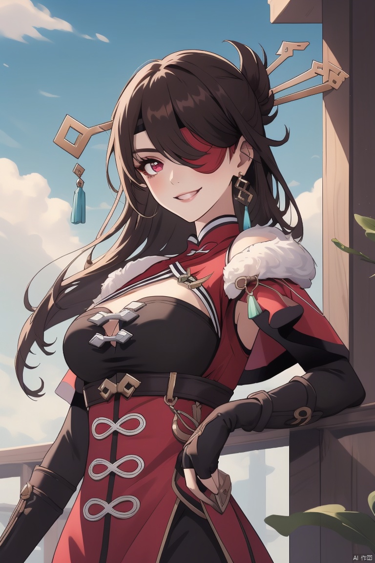 beidou, 1girl, beidou \(genshin impact\), eyepatch, solo, breasts, long hair, gloves, red eyes, smile, hair ornament, brown hair, fingerless gloves, cleavage, looking at viewer, hairpin, black gloves, red dress, one eye covered, fur trim, dress, red capelet, grin, clothing cutout, hair stick, capelet, cleavage cutout, hair over one eye, sky, earrings, bare shoulders, jewelry, large breasts, elbow gloves, bangs