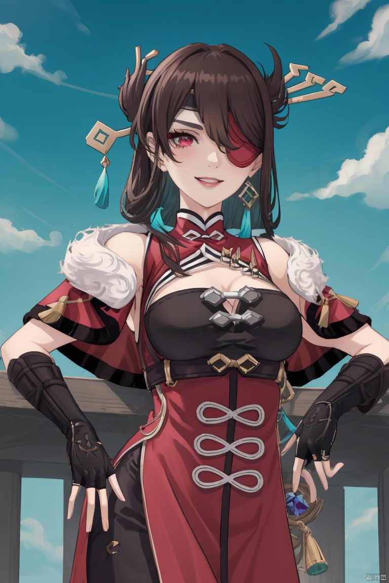 beidou, 1girl, beidou \(genshin impact\), eyepatch, solo, breasts, long hair, gloves, red eyes, smile, hair ornament, brown hair, fingerless gloves, cleavage, looking at viewer, hairpin, black gloves, red dress, one eye covered, fur trim, dress, red capelet, grin, clothing cutout, hair stick, capelet, cleavage cutout, hair over one eye, sky, earrings, bare shoulders, jewelry, large breasts, elbow gloves, bangs