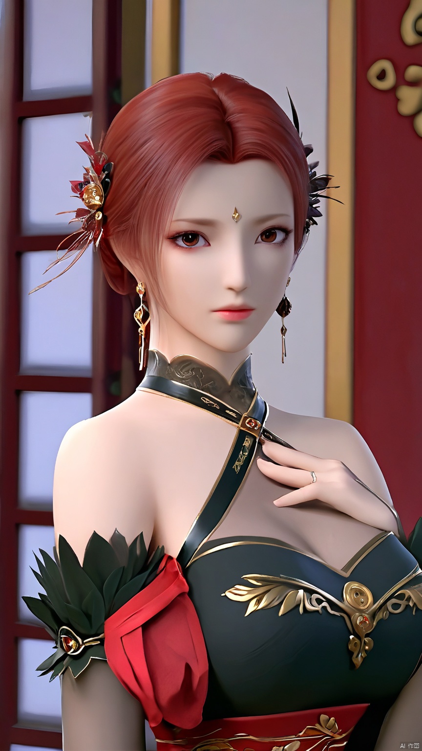 YaFei, black dress, breasts, short hair, large breasts, hair ornament, dress, brown eyes, jewelry, closed mouth, red hair, earrings, black dress, lips, sash, facial mark, forehead mark, bare shoulders, bridal gauntlets, pantyhose, side slit, whole body, back visual angle,Black dress