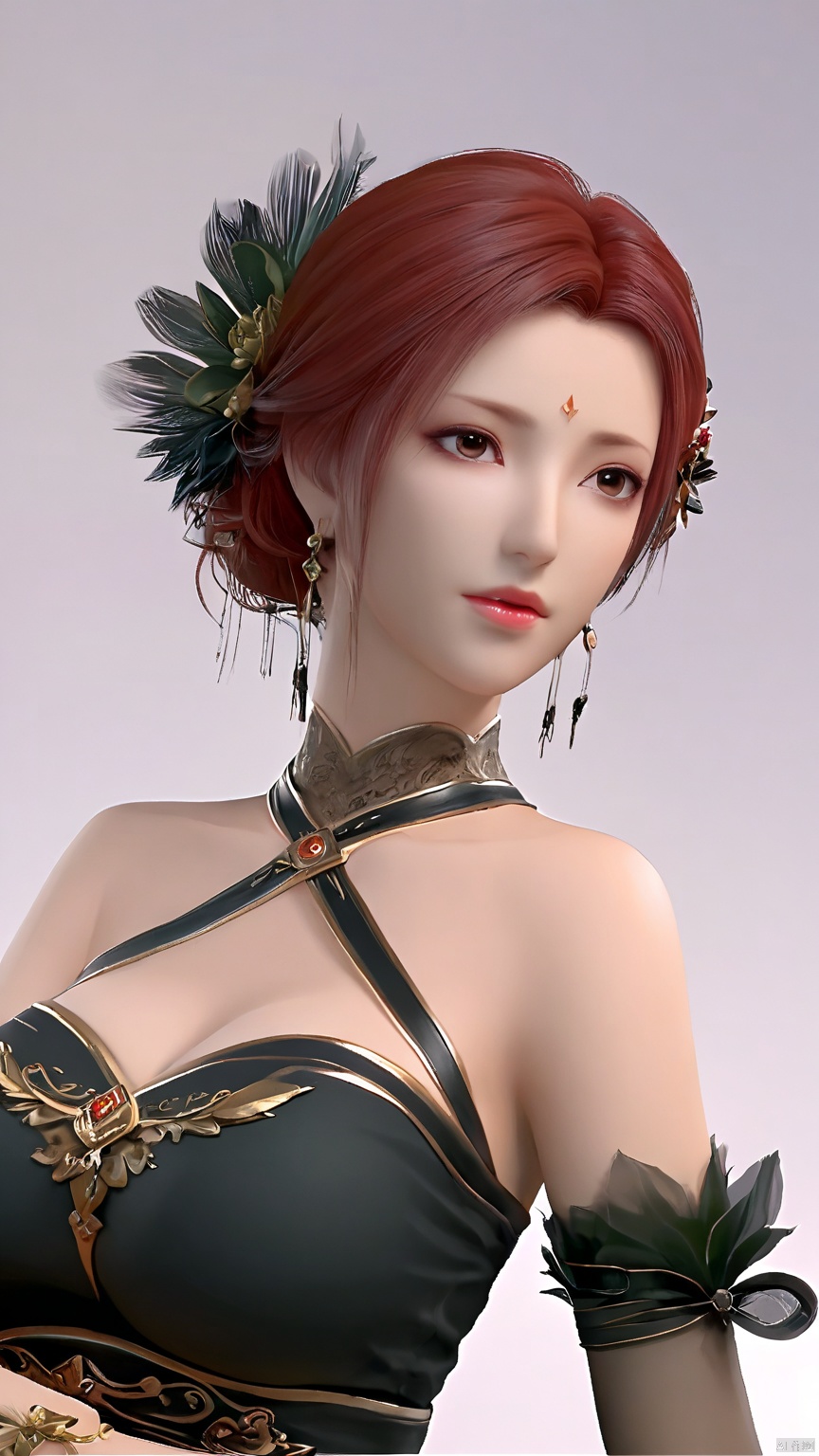YaFei, black dress, breasts, short hair, large breasts, hair ornament, dress, brown eyes, jewelry, closed mouth, red hair, earrings, black dress, lips, sash, facial mark, forehead mark, bare shoulders, bridal gauntlets, pantyhose, side slit, whole body, back visual angle,Black dress