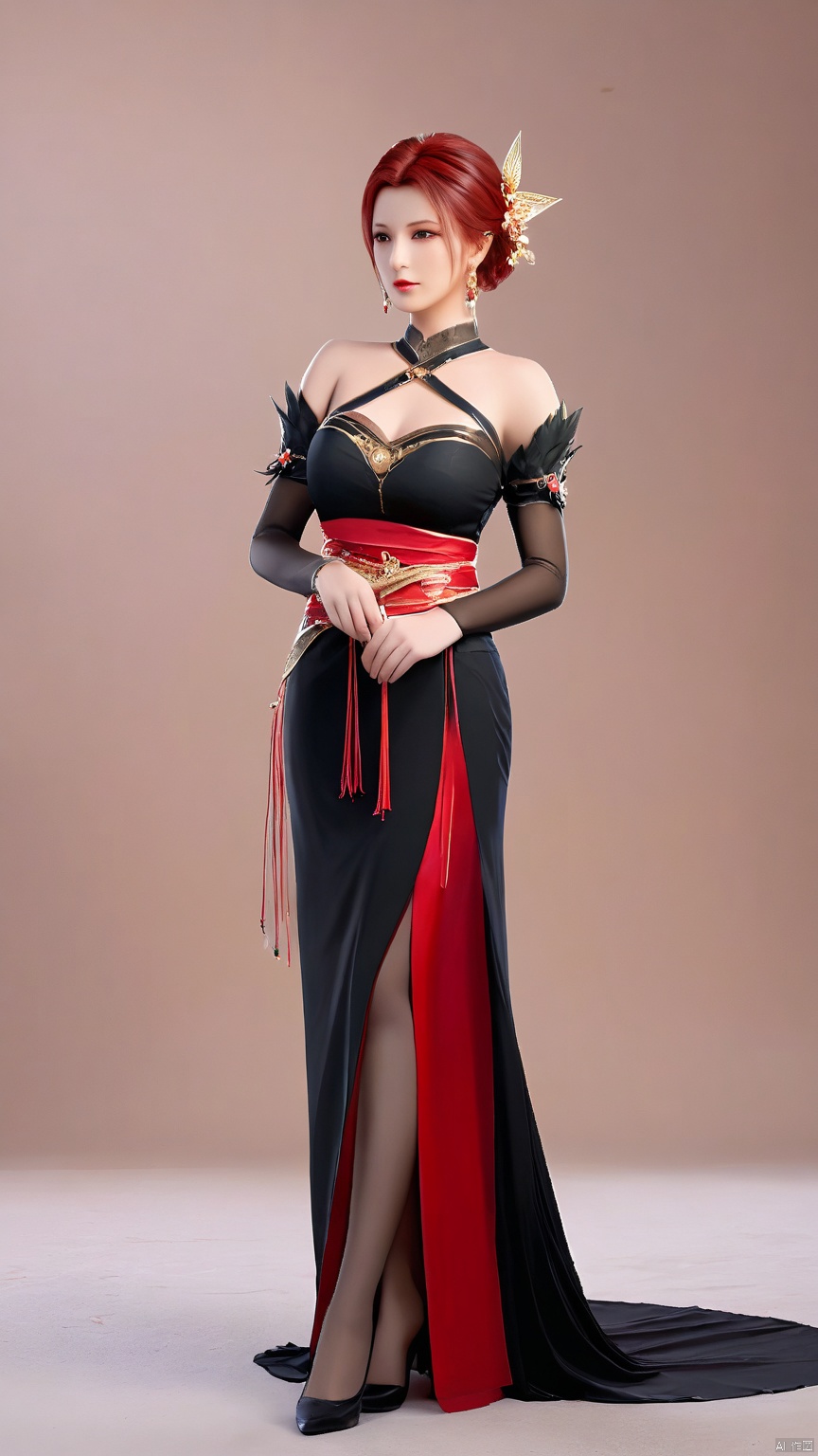 YaFei, black dress, breasts, short hair, large breasts, hair ornament, brown eyes, jewelry, closed mouth, red hair, earrings, lips, sash, facial mark, forehead mark, bare shoulders, bridal gauntlets, pantyhose, side slit, (whole body, back visual angle)