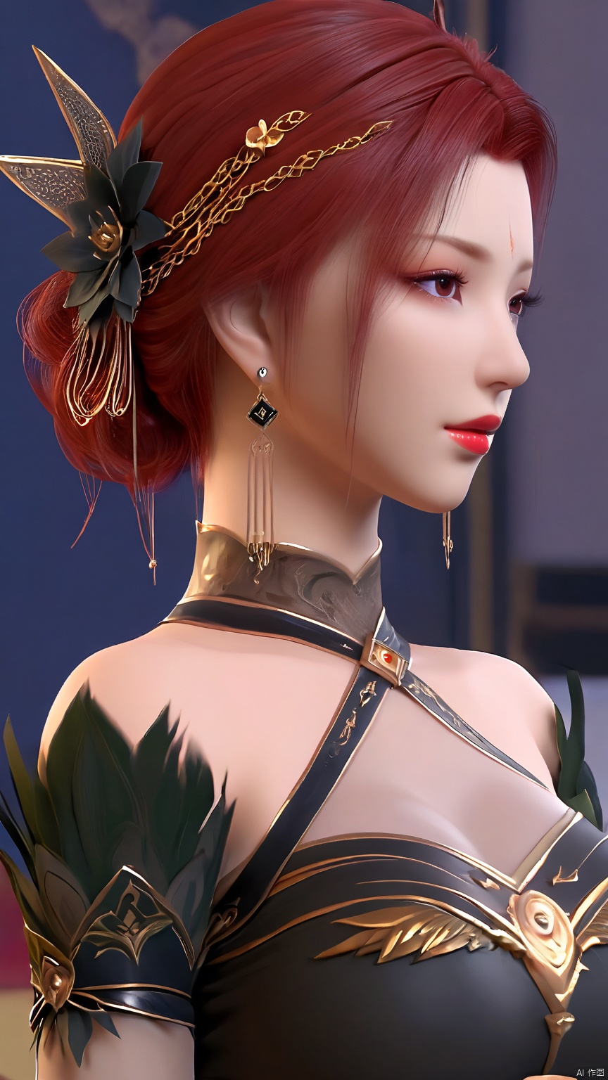 YaFei, black dress, breasts, short hair, large breasts, hair ornament, brown eyes, jewelry, closed mouth, red hair, earrings, lips, sash, facial mark, forehead mark, bare shoulders, bridal gauntlets, pantyhose, side slit, (whole body, back visual angle)