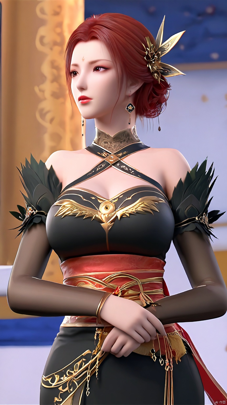 YaFei, black dress, breasts, short hair, large breasts, hair ornament, brown eyes, jewelry, closed mouth, red hair, earrings, lips, sash, facial mark, forehead mark, bare shoulders, bridal gauntlets, pantyhose, side slit, (whole body, back)