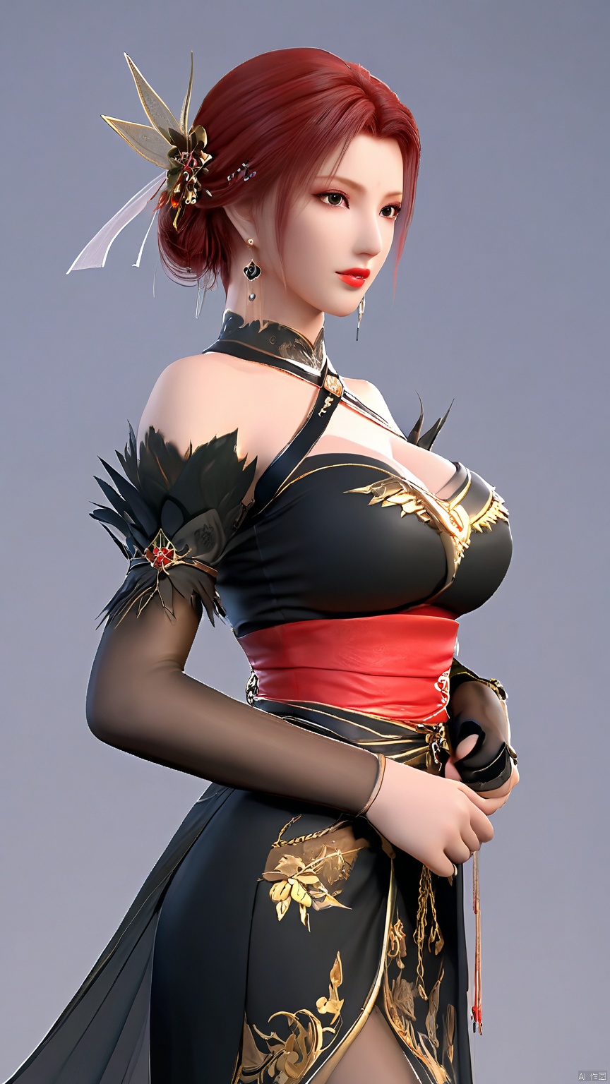 YaFei, black dress, breasts, short hair, large breasts, hair ornament, brown eyes, jewelry, closed mouth, red hair, earrings, lips, sash, facial mark, forehead mark, bare shoulders, bridal gauntlets, pantyhose, side slit, (whole body), (back), Cowboy perspective