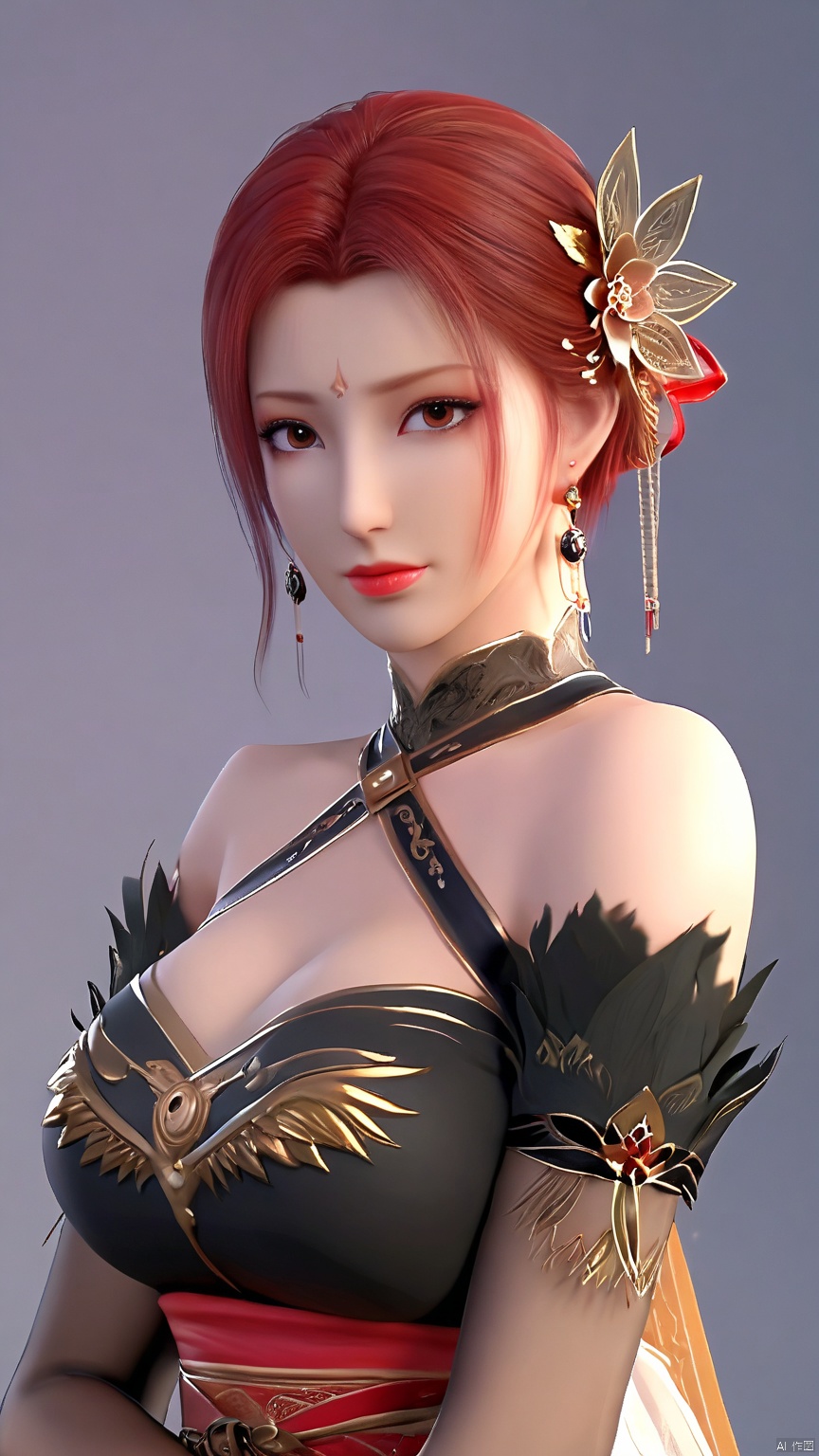  YaFei, black dress, breasts, short hair, large breasts, hair ornament, brown eyes, jewelry, closed mouth, red hair, earrings, lips, sash, facial mark, forehead mark, bare shoulders, bridal gauntlets, pantyhose, side slit, (whole body), (back), Cowboy perspective