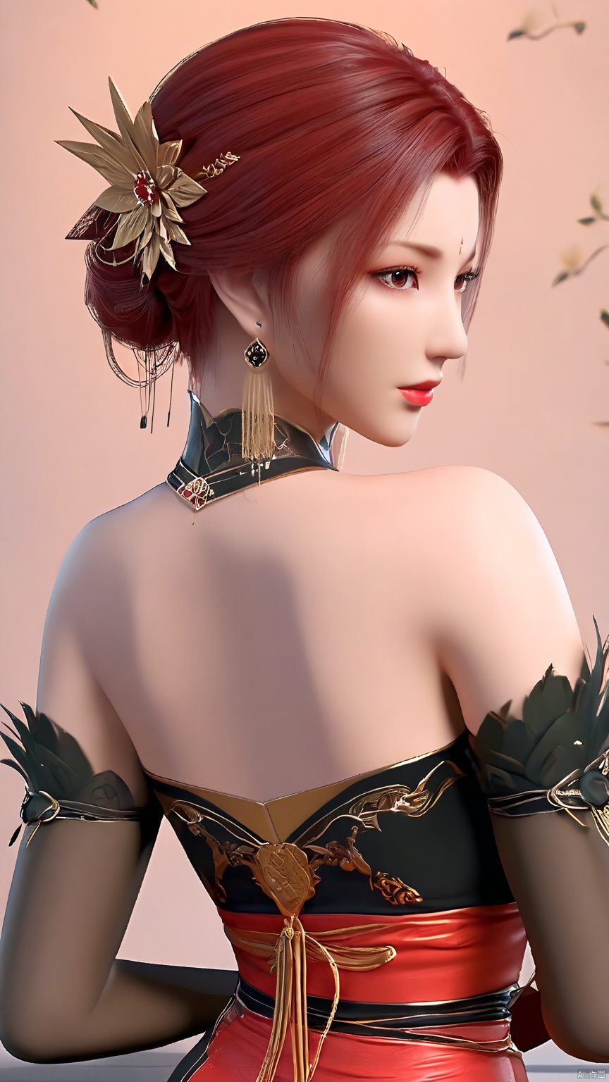  YaFei, black dress, breasts, short hair, large breasts, hair ornament, brown eyes, jewelry, closed mouth, red hair, earrings, lips, sash, facial mark, forehead mark, bare shoulders, bridal gauntlets, pantyhose, side slit, (whole body: 1.1), (back: 1.1)