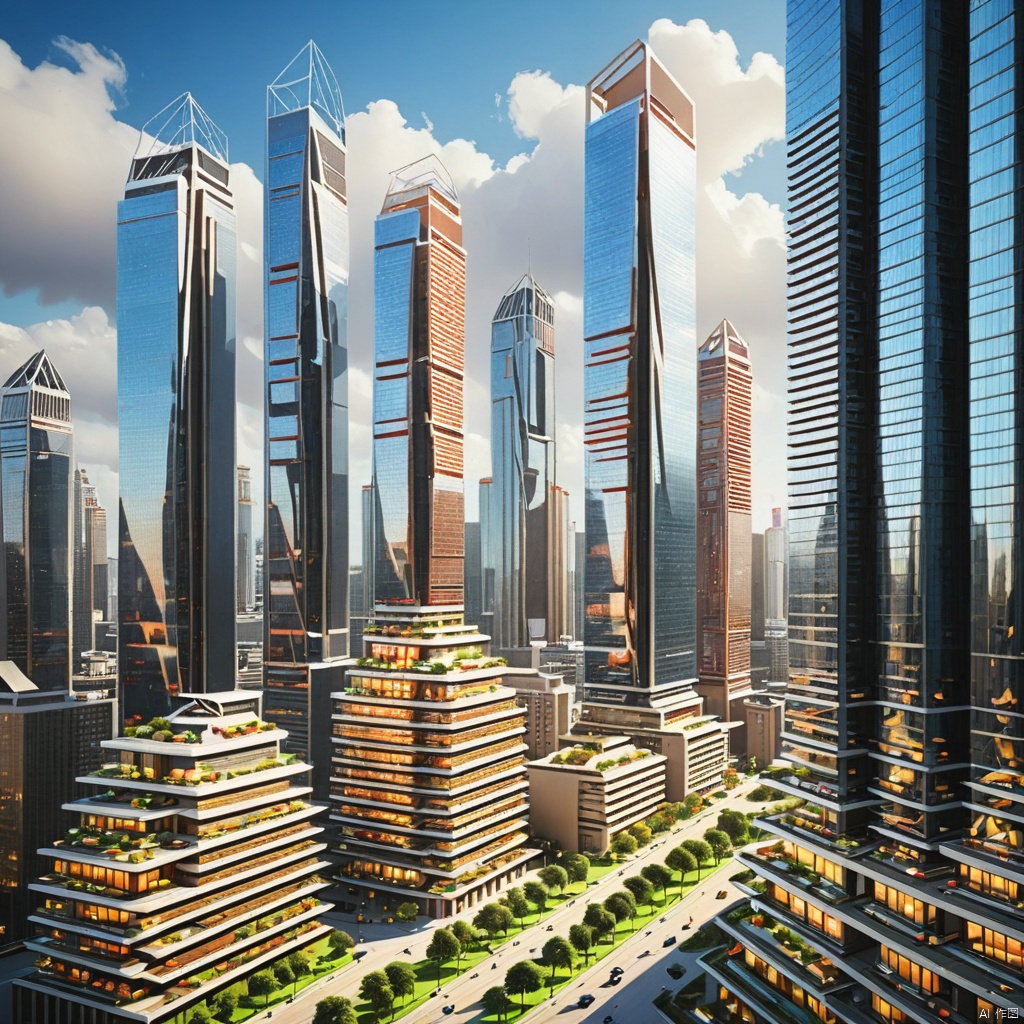  A modern city,
High rise buildings,
Modern architecture,