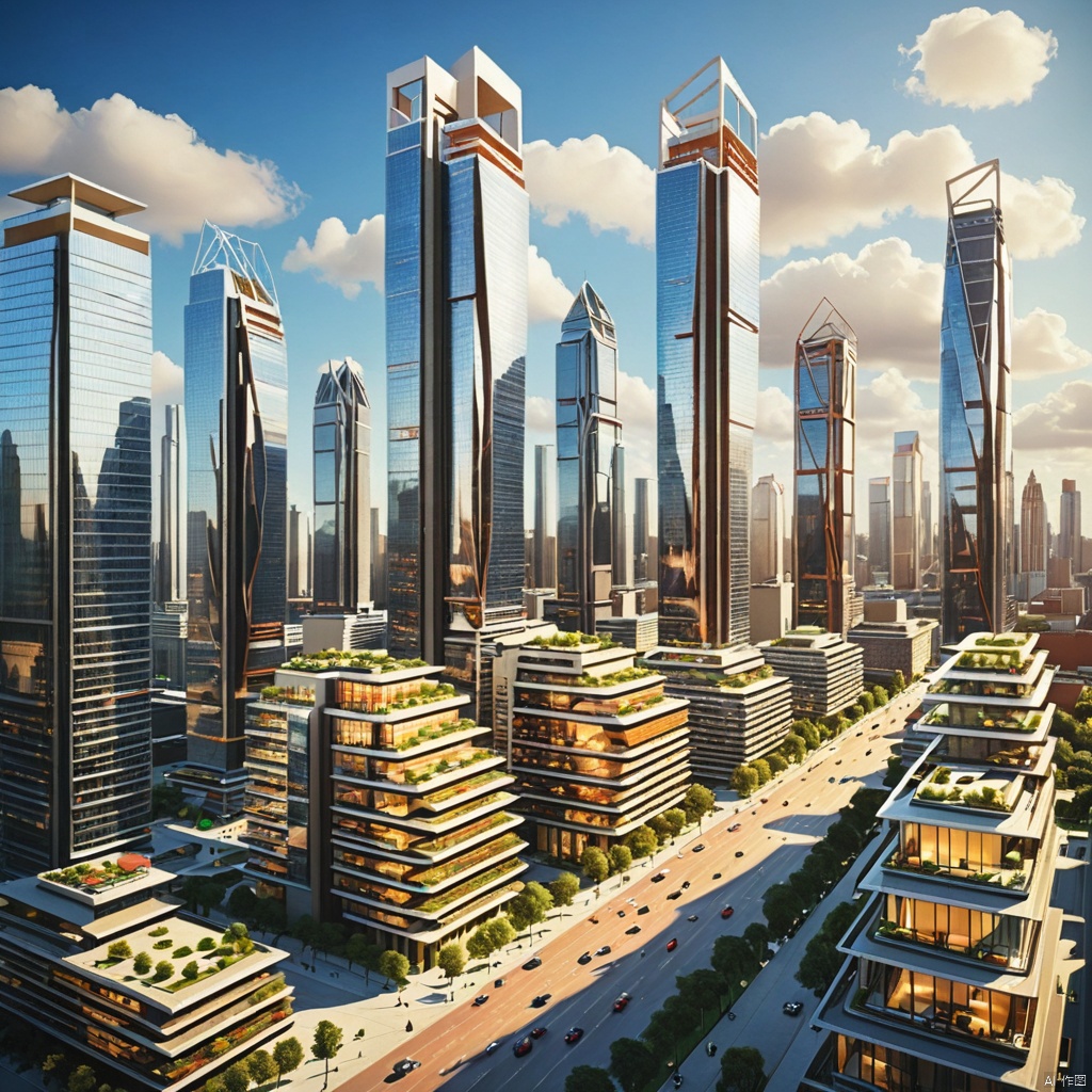  A modern city,
High rise buildings,
Modern architecture,