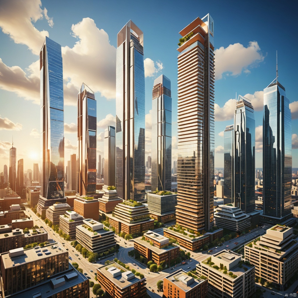  A modern city,
High rise buildings,
Modern architecture,