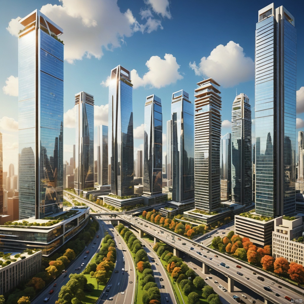  A modern city,
High rise buildings,
Modern architecture,
