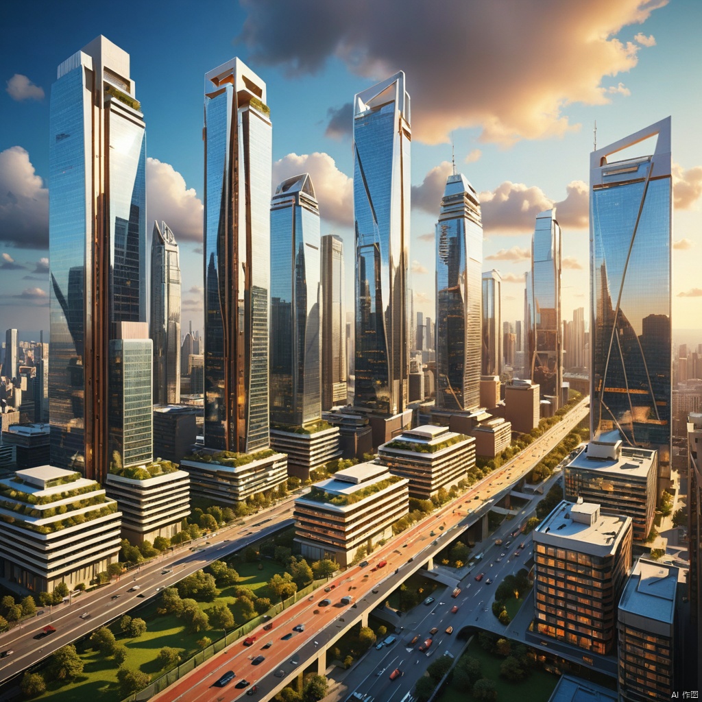  A modern city,
High rise buildings,
Modern architecture,