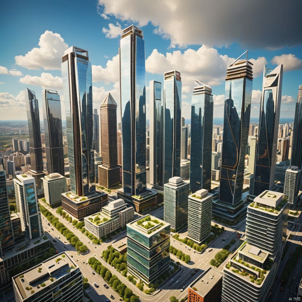  A modern city,
High rise buildings,
Modern architecture,