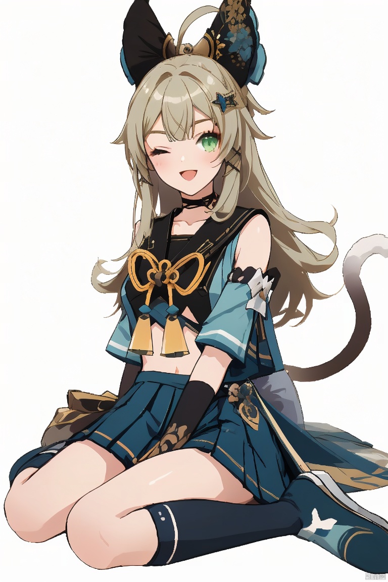 kirara, 1girl, one eye closed, solo, sitting, green eyes, long hair, wariza, looking at viewer, skirt, blonde hair, open mouth, hair ornament, midriff, smile, navel, ahoge, bow, tail, bangs, detached sleeves, animal ears, pleated skirt, full body, hairclip, crop top, socks, choker, blue skirt, white background, hair bow, gloves, paw pose
, kirara