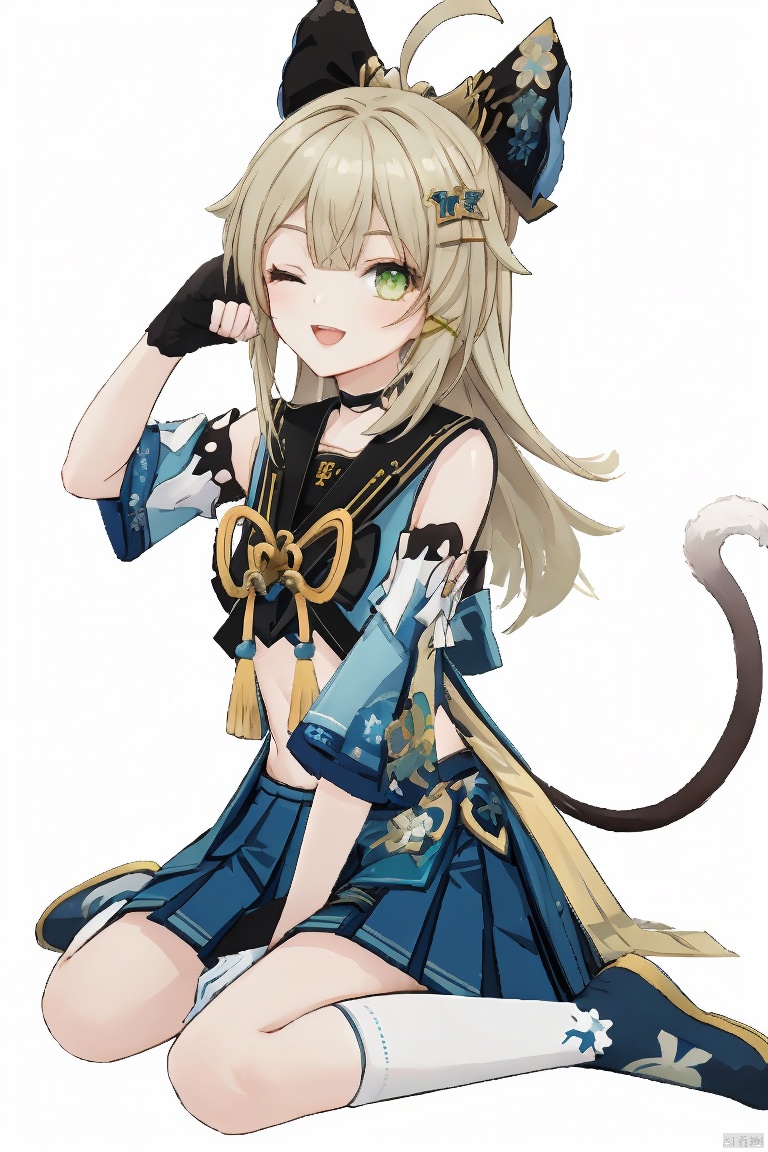 kirara, 1girl, one eye closed, solo, sitting, green eyes, long hair, wariza, looking at viewer, skirt, blonde hair, open mouth, hair ornament, midriff, smile, navel, ahoge, bow, tail, bangs, detached sleeves, animal ears, pleated skirt, full body, hairclip, crop top, socks, choker, blue skirt, white background, hair bow, gloves, paw pose
, kirara
