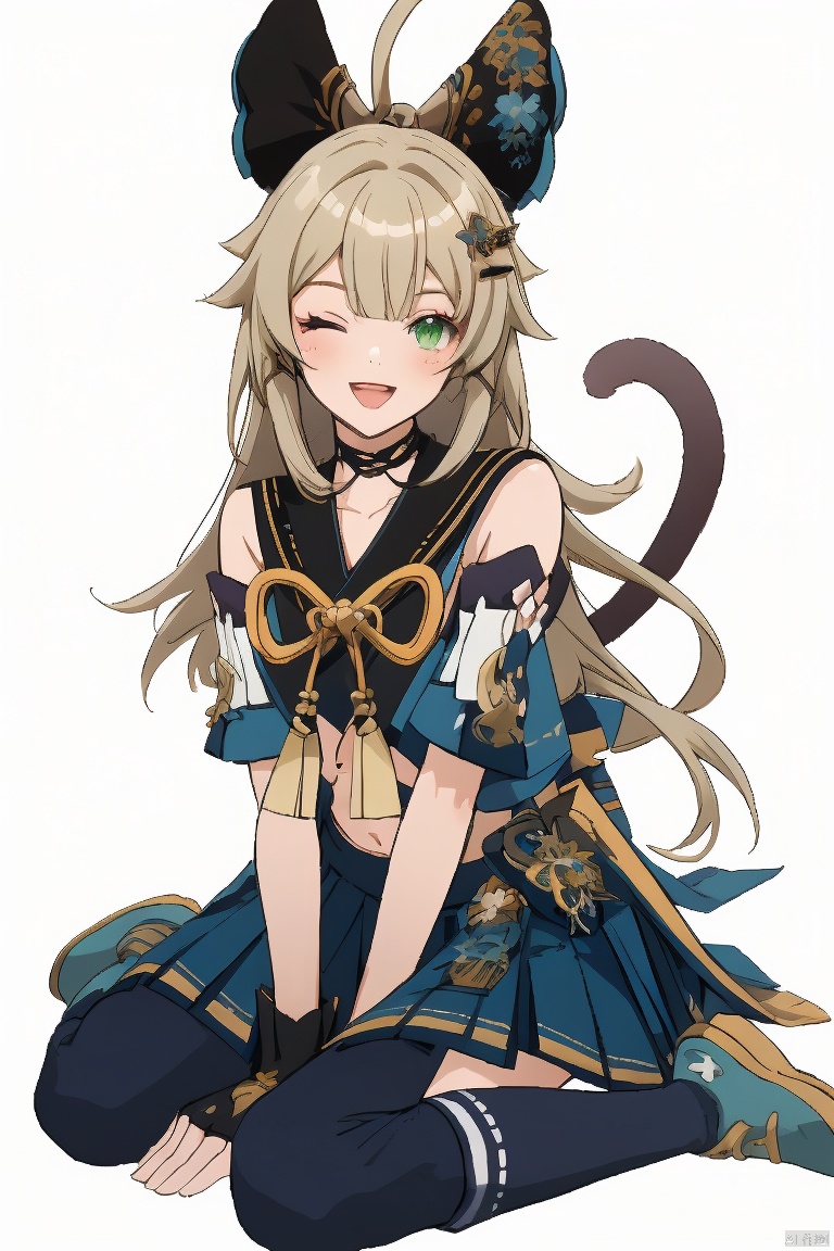kirara, 1girl, one eye closed, solo, sitting, green eyes, long hair, wariza, looking at viewer, skirt, blonde hair, open mouth, hair ornament, midriff, smile, navel, ahoge, bow, tail, bangs, detached sleeves, animal ears, pleated skirt, full body, hairclip, crop top, socks, choker, blue skirt, white background, hair bow, gloves, paw pose
, kirara