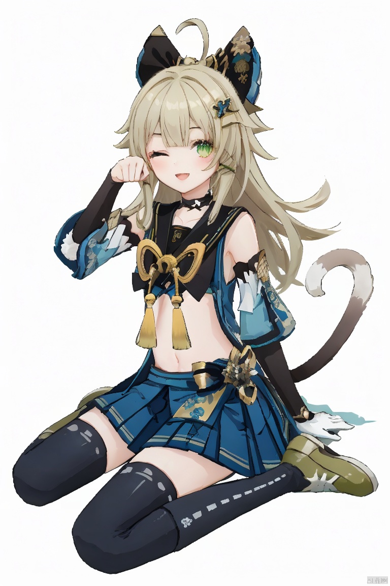 kirara, 1girl, one eye closed, solo, sitting, green eyes, long hair, wariza, looking at viewer, skirt, blonde hair, open mouth, hair ornament, midriff, smile, navel, ahoge, bow, tail, bangs, detached sleeves, animal ears, pleated skirt, full body, hairclip, crop top, socks, choker, blue skirt, white background, hair bow, gloves, paw pose
, kirara