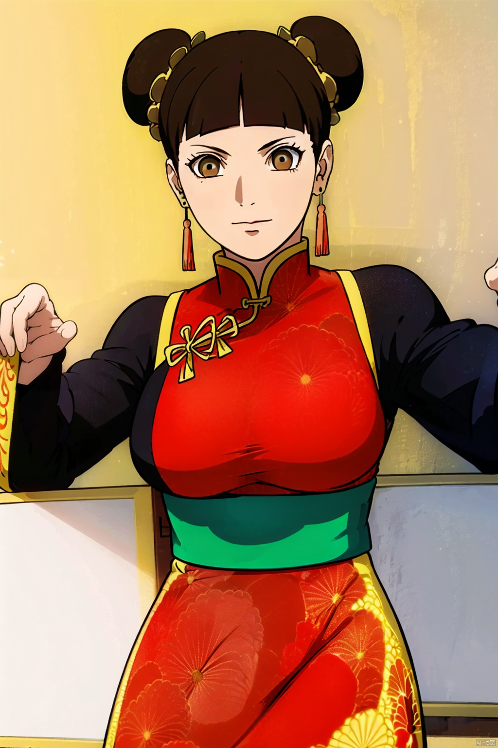  White background, high resolution, master painting, CG, wallpaper,
Sunshine, bright picture, soft picture,
1 girl, bun, earrings, bun, brown eyes, Chinese costume, looking at the audience, brown hair, straight bangs, bangs, top, short hair, black hair, long sleeves,
 (large breasts :1.3), tiantian