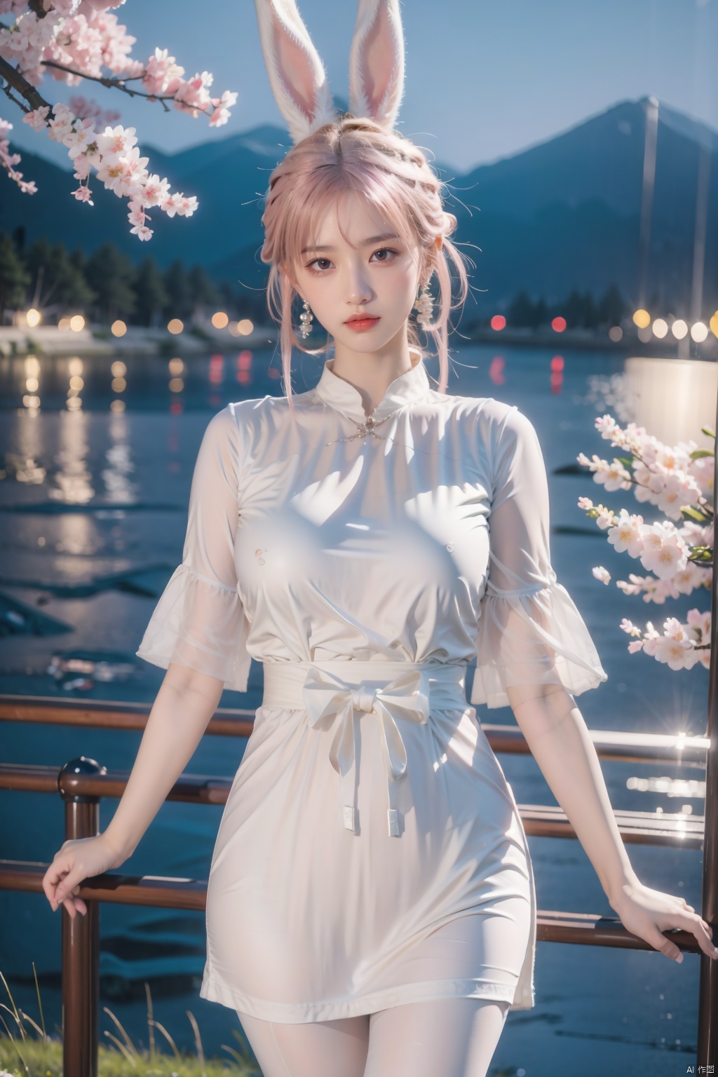 masterpiece,best quality,official art,extremely detailed CG unity 8k wallpaper,realistic,light rays,light particles,
1girl,solo,1boy,medium chest,dress,white pantyhose,
in a meadow,stream,mountain,cherry_blossoms,flower,outdoors,
long_hair,earrings,hair_ornament,rabbit ears,pink hair,
dynamic pose,looking at viewer,