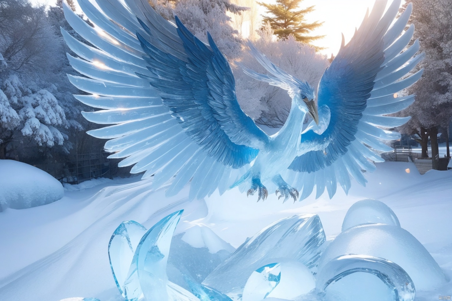  a phoenix made of ice,transparent, tree, outdoors, river, bingdiao,