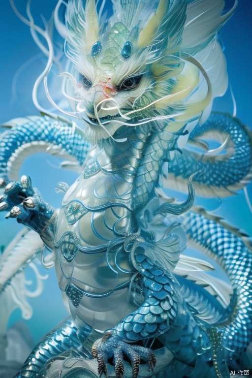 a chinese dragon made of ice,transparent,  tree, outdoors, river, bingdiao, , dofas