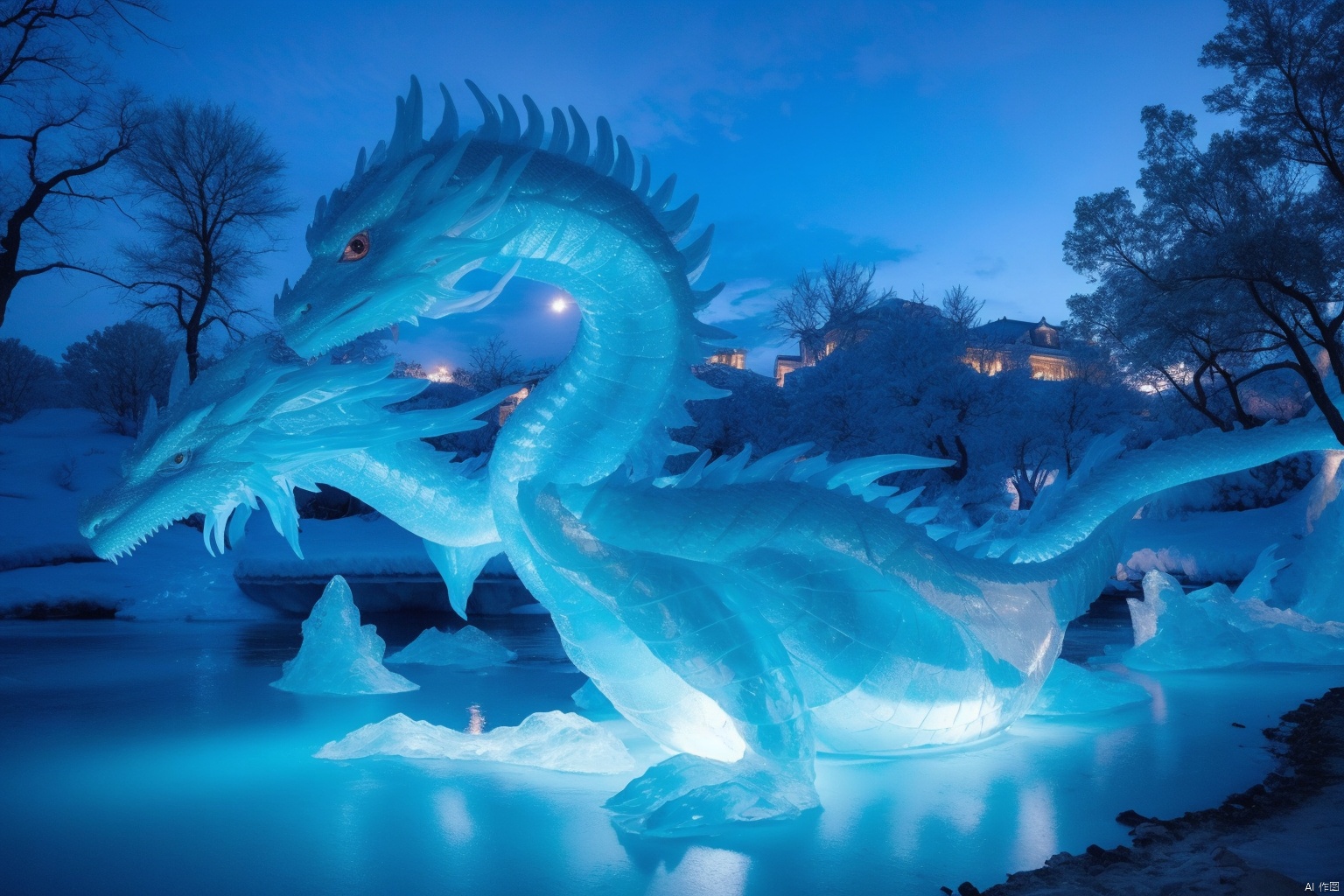  a dragon made of ice, transparent, tree, outdoors, river, bingdiao, blue light, flame made of ice,