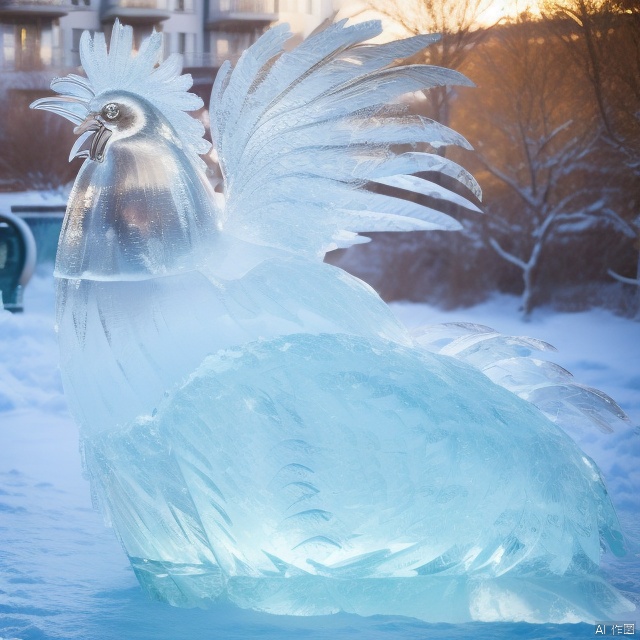 a rooster made of ice,transparent,  tree, outdoors, river, bingdiao