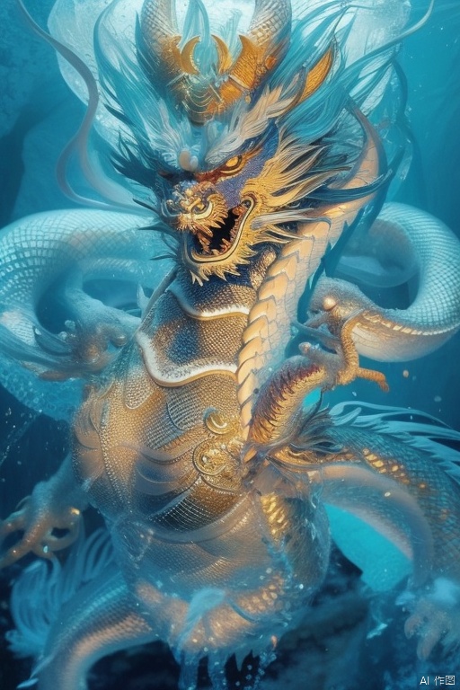 a chinese dragon made of ice,transparent,  tree, outdoors, river, bingdiao, , dofas