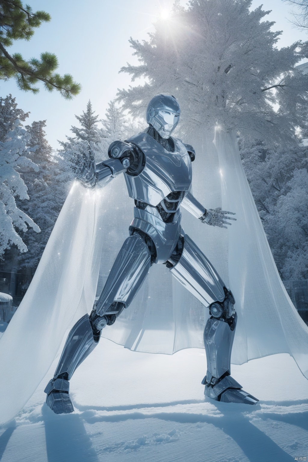  a robot made of ice,transparent, tree, outdoors, river, bingdiao,