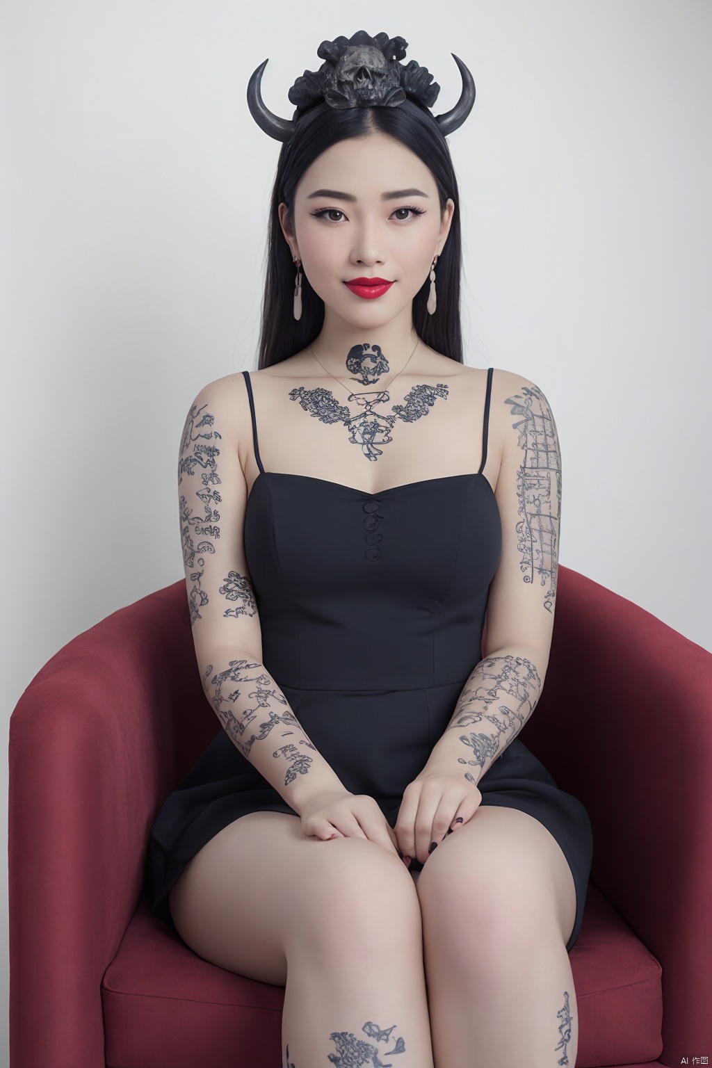 (RAW photo, best quality),(realistic, photo-realistic:1.3),best quality,masterpiece,1girl,cn tattoo,detailed face,cn tattoo,smile,
earrings,headpiece,red lips,eyeshadow,looking at viewer,crossed legs,
low angle,from below,front shot,depth of field,
sitting on satan's black bone chair,purple smoke,particle renderer,covert tone,cinematic lighting,zhongfenghua,
stone throne,ancient chinese style,ood furniture,w,skull head,skull,blue ghost fire,
,,, CN TATTOO