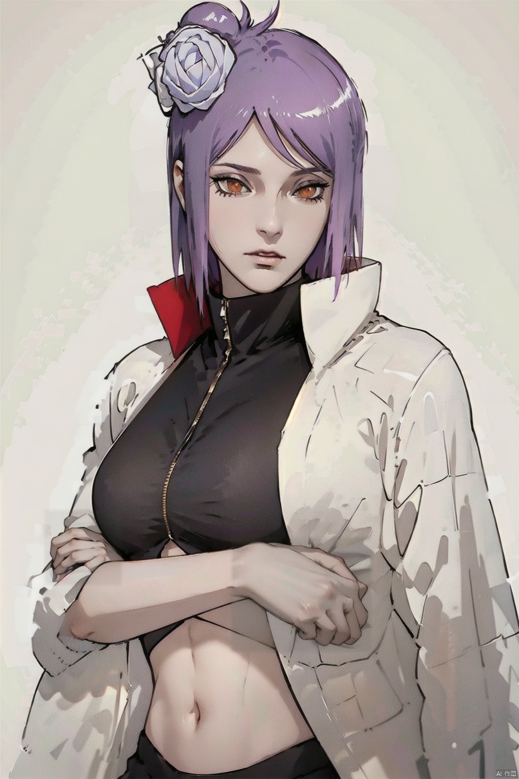  White background, high resolution, master painting, CG, wallpaper,
Sunshine, bright picture, soft picture,

xiaonan, 1girl, flower, solo, hair flower, hair ornament, navel, purple hair, breasts, short hair, crossed arms, navel cutout, orange eyes, cloak, rose, large breasts, piercing, looking at viewer, high collar, simple background