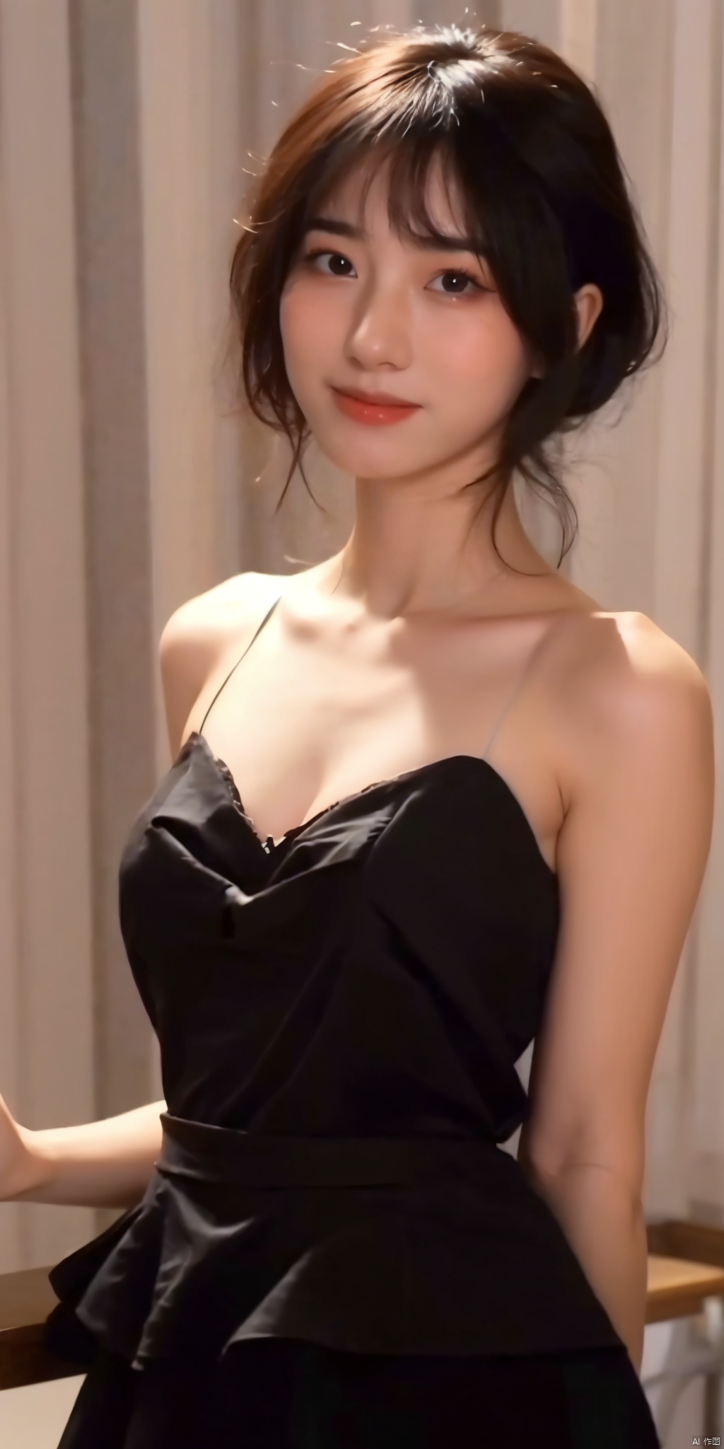 ( Fujicolor, UHD, super detail ,raw,85mm,f/1.2,FujifilmXT4,16K)
,1girl, solo, cleavage,breasts,low cut evening gown, white background, realistic, upper_body, sleeveless, lips, black hair, brown_eyes, strapless formal dress, looking_at_viewer, nose
