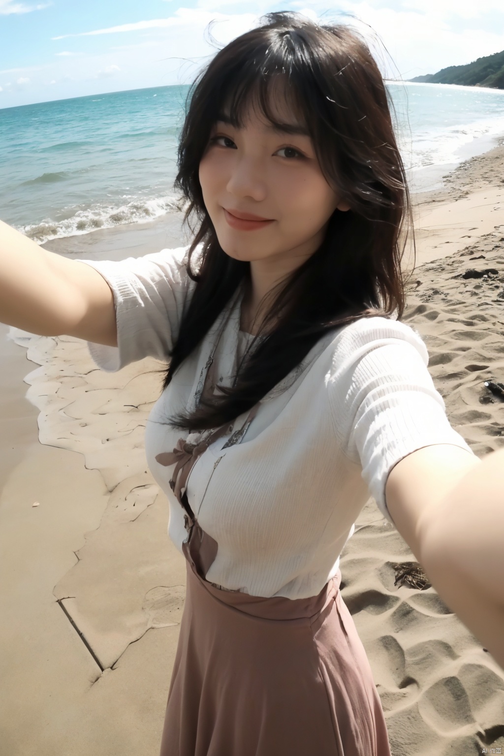 a Asian woman takes a fisheye selfie on a beach at sunshine, the wind blowing through her messy hair. The sea stretches out behind her, creating a stunning aesthetic and atmosphere with a rating of 1.2, ((poakl)), poakl ggll girl