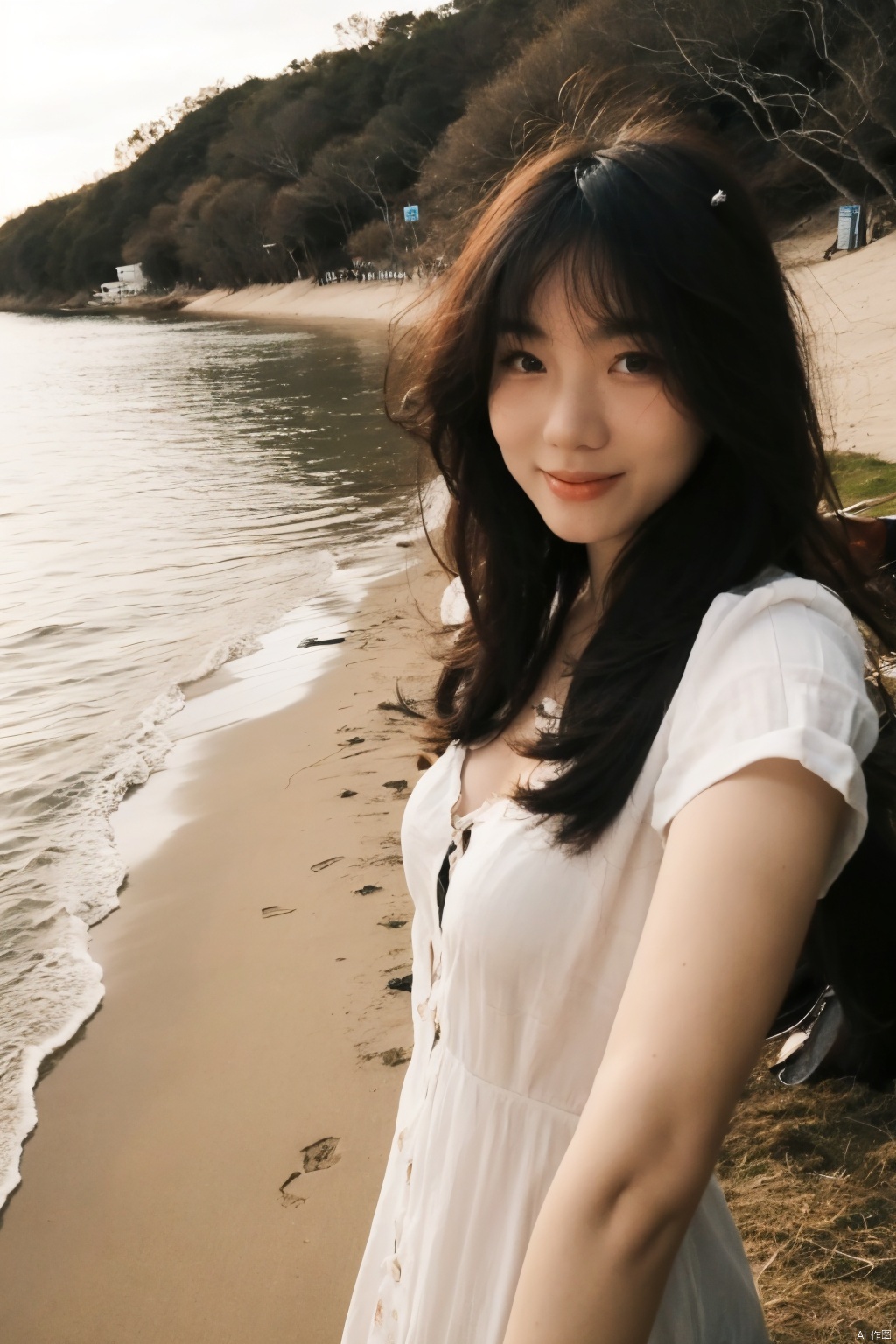 a Asian woman takes a fisheye selfie on a beach at sunshine, the wind blowing through her messy hair. The sea stretches out behind her, creating a stunning aesthetic and atmosphere with a rating of 1.2, ((poakl)), poakl ggll girl