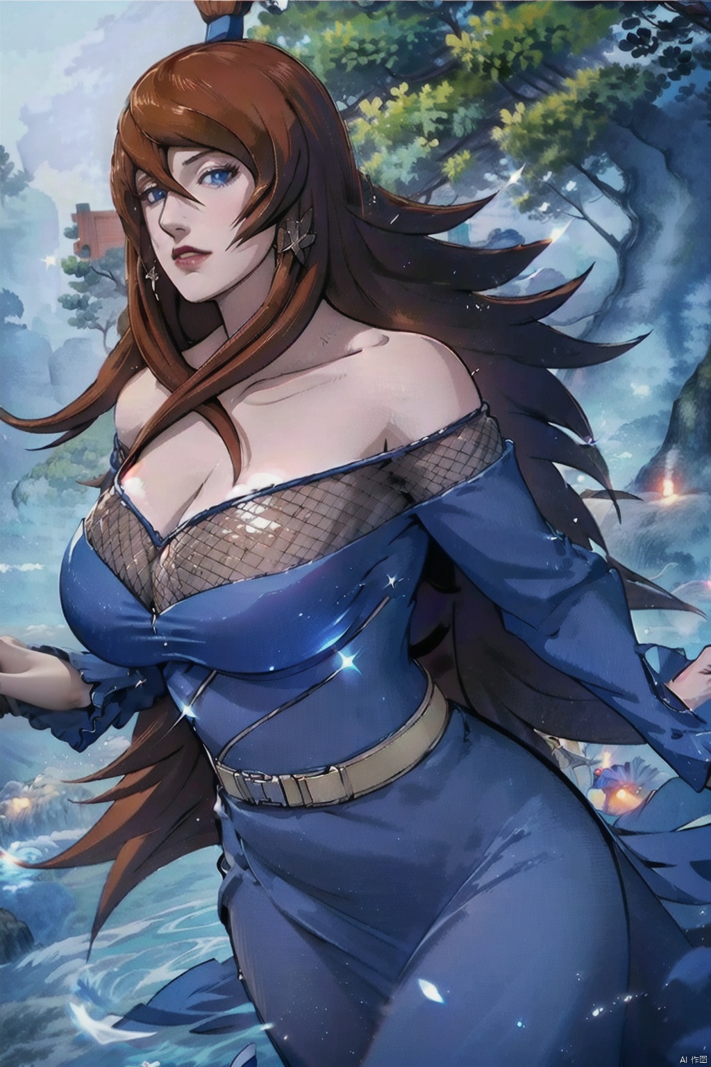  1 Girl, solo, Long hair, (big breasts :1.3), blue eyes, blue dress, kimono, Brown hair, outdoor, street, hairpin, fishing net,zhaomeiming