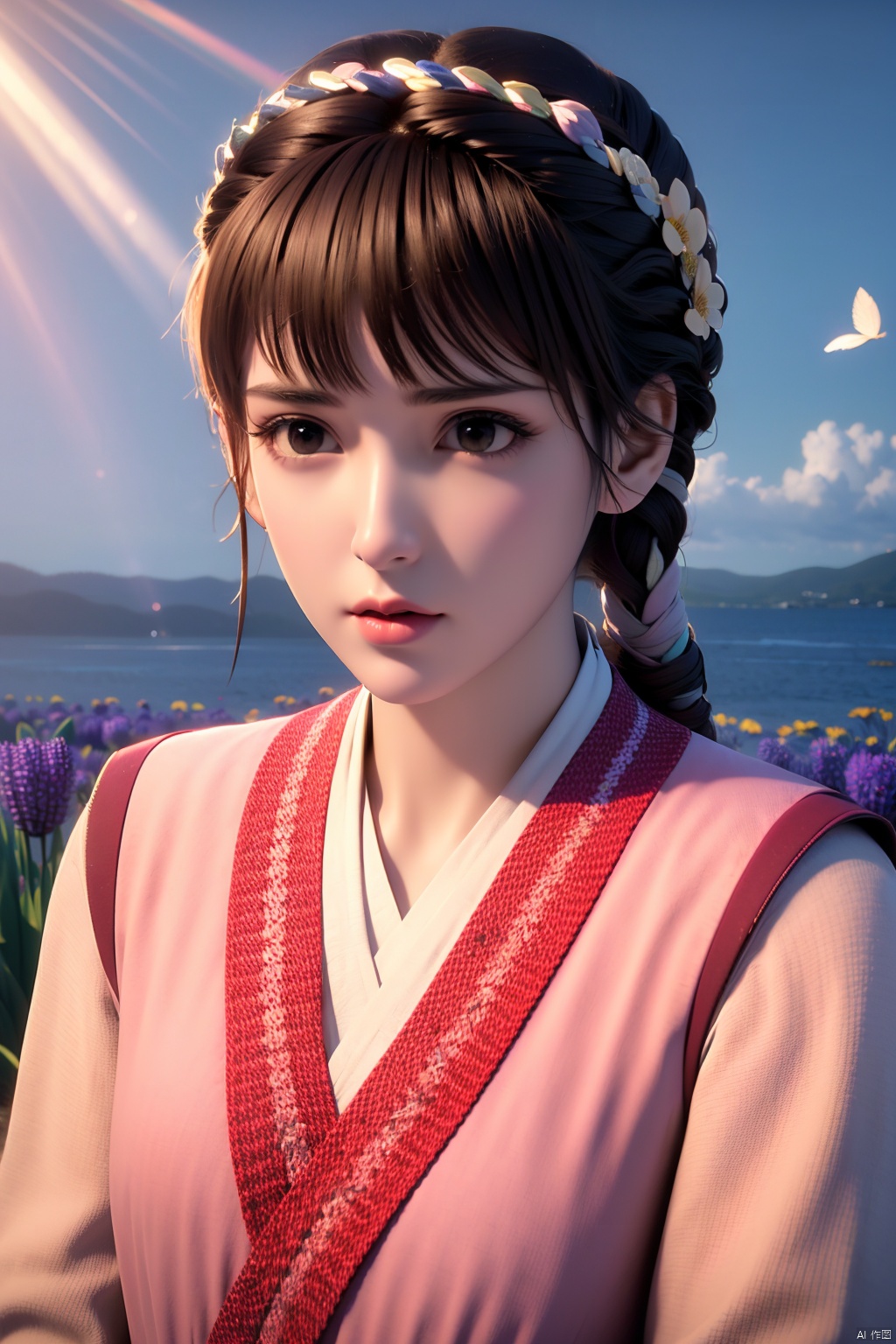  outdoors,water,flower, in the ((sea of flowers)), flower field,meadow,beautiful detailed sky,feather,nature,(sunlight),hanyouniang,1girl,solo,looking at viewer,bangs,brown hair,long sleeves,brown eyes,closed mouth,upper body,braid,lips,sash,realistic
