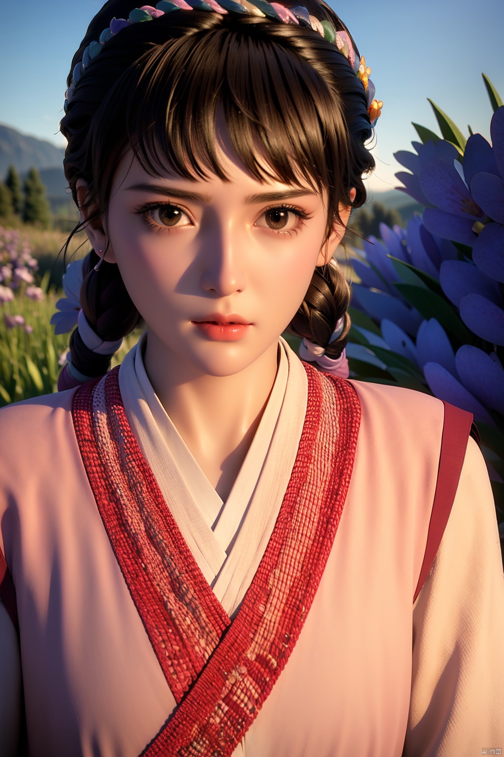  outdoors,water,flower, in the ((sea of flowers)), flower field,meadow,beautiful detailed sky,feather,nature,(sunlight),hanyouniang,1girl,solo,looking at viewer,bangs,brown hair,long sleeves,brown eyes,closed mouth,upper body,braid,lips,sash,realistic