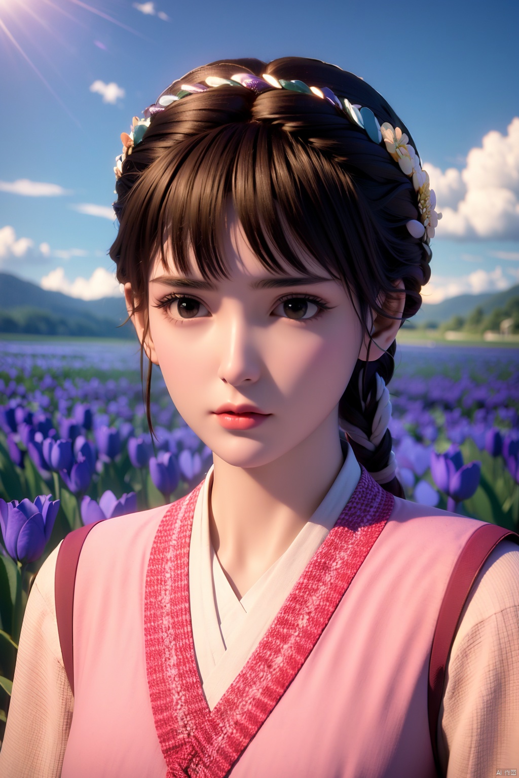  outdoors,water,flower, in the ((sea of flowers)), flower field,meadow,beautiful detailed sky,feather,nature,(sunlight),hanyouniang,1girl,solo,looking at viewer,bangs,brown hair,long sleeves,brown eyes,closed mouth,upper body,braid,lips,sash,realistic
