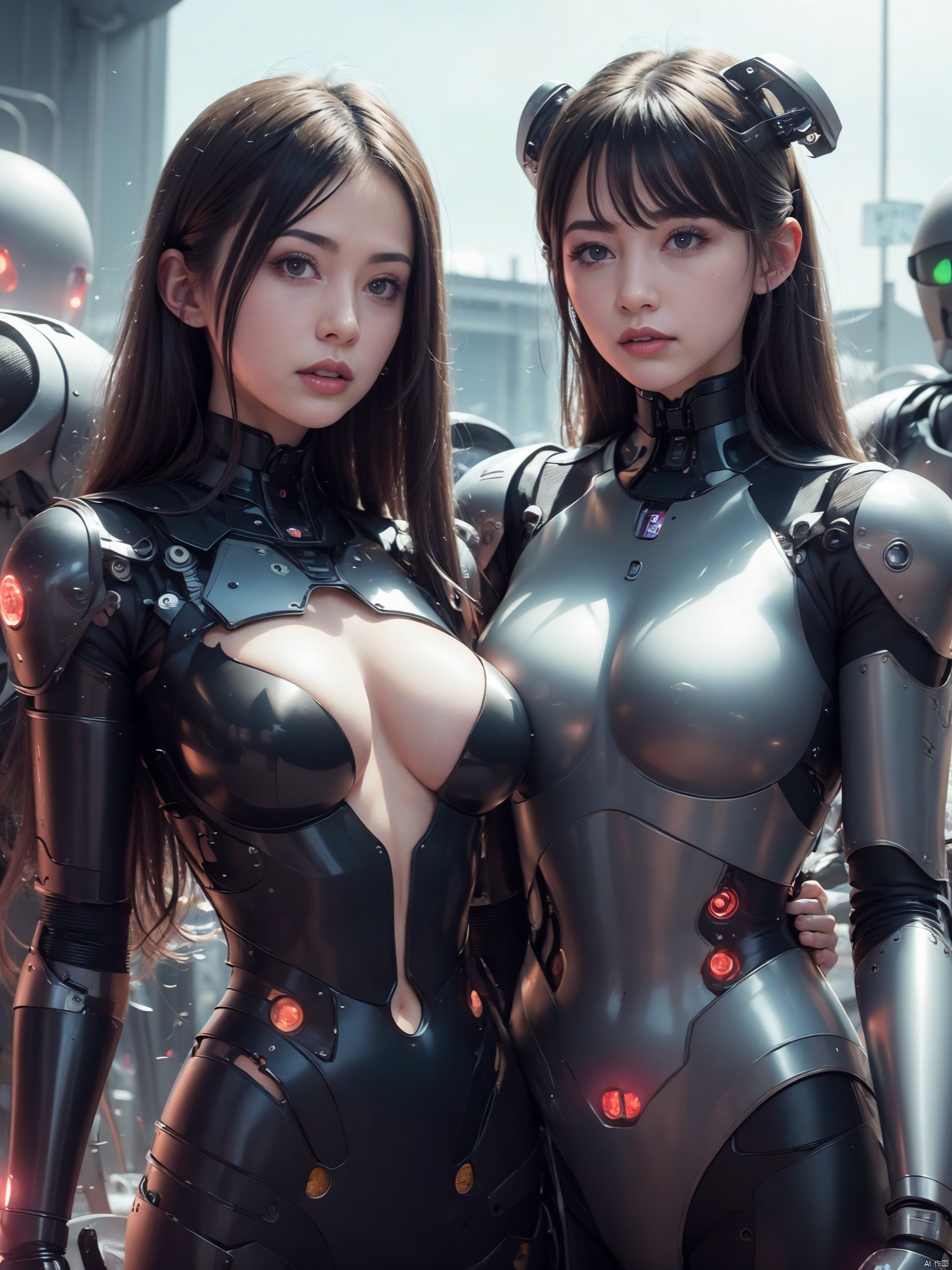 1girl, breasts, solo, nipples, realistic, long_hair, science_fiction, lips, black_hair, medium_breasts, mechanical_arms, cyborg, armor