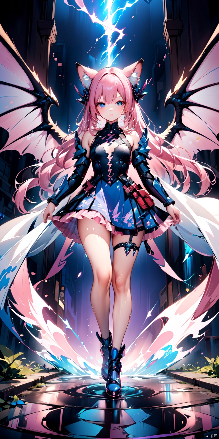 Original, illustration, best quality, masterpiece, very detailed CGUnity8K wallpaper, color, IMID shot 5, full body 5, dynamic angle, solo, bottom of the bottle, 1 young cute girl 5 with Lolita, the legendary lightning sword , detailed beautiful eyes, beautiful face, glowing blue eyes //, silvery pink gradient tousled hair/, +perfect hand +1, air bangs, explosive lightning, perfect sword 1, +++ lightning intertwined with sword /, expressionless face, bottom of bottle, purple flames around the wings behind the girl, Black Dragon King behind the girl