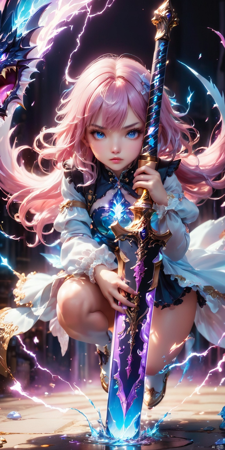  Original, illustration, best quality, masterpiece, very detailed CGUnity8K wallpaper, color, IMID shot 5, full body 5, dynamic angle, solo, bottom of the bottle, 1 young cute girl 5 with Lolita, the legendary lightning sword , detailed beautiful eyes, beautiful face, glowing blue eyes //, silvery pink gradient tousled hair/, +perfect hand +1, air bangs, explosive lightning, perfect sword 1, +++ lightning intertwined with sword /, expressionless face, bottom of bottle, purple flames around the wings behind the girl, Black Dragon King behind the girl