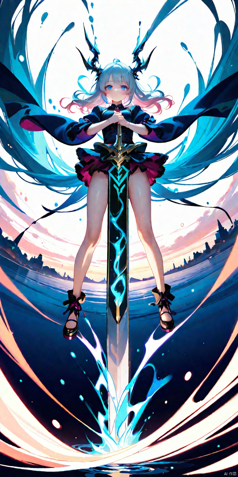  Original, illustration, best quality, masterpiece, very detailed CGUnity8K wallpaper, color, IMID shot 5, full body 5, dynamic angle, solo, bottom of the bottle, 1 young cute girl 5 with Lolita, the legendary lightning sword , detailed beautiful eyes, beautiful face, glowing blue eyes //, silvery pink gradient tousled hair/, +perfect hand +1, air bangs, explosive lightning, perfect sword 1, +++ lightning intertwined with sword /, expressionless face, bottom of bottle, purple flames around the wings behind the girl, Black Dragon King behind the girl