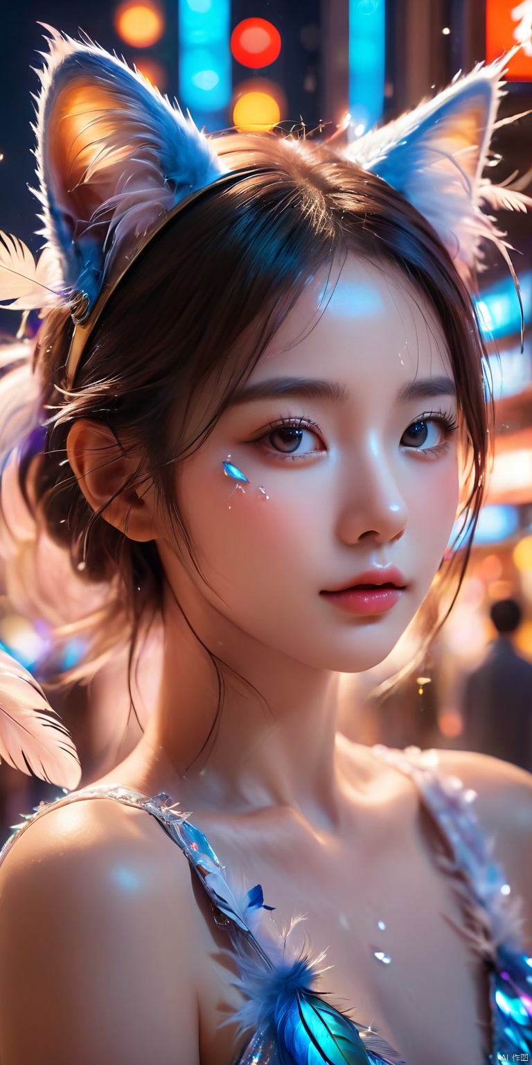 HD, CG, extreme details, fairy style, fisheye lens, exquisite facial features, clear pupils, moist lips, ((4k,masterpiece,best quality)), professional camera, 8k photos, wallpaper Masterpiece, best quality, extremely fine CG unified 8k wallpaper, very fine, texture, fine details, extremely fine and beautiful, delicate and beautiful face, 1 girl, cat ears, a girl with beautiful eyes and cat ears, surrounded by many feathers, with tears streaming down her face , night, bright colorful lights and many clouds, sky, city, ((super detailed details)), ultra- high resolution, 8k, fisheye lens, beautiful, xihua