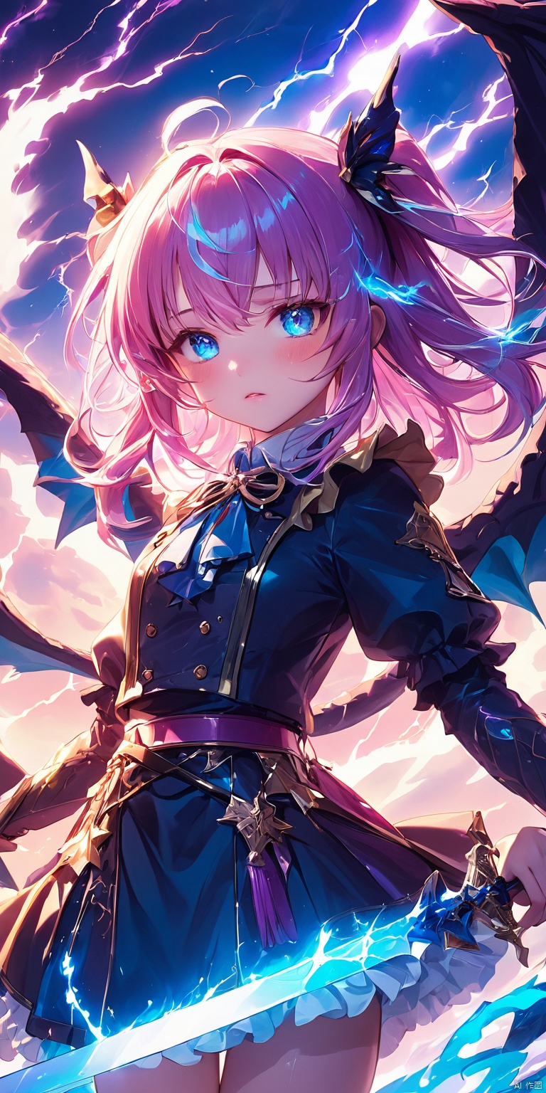  Original, illustration, best quality, masterpiece, very detailed CGUnity8K wallpaper, color, IMID shot 5, full body 5, dynamic angle, solo, bottom of the bottle, 1 young cute girl 5 with Lolita, the legendary lightning sword , detailed beautiful eyes, beautiful face, glowing blue eyes //, silvery pink gradient tousled hair/, +perfect hand +1, air bangs, explosive lightning, perfect sword 1, +++ lightning intertwined with sword /, expressionless face, bottom of bottle, purple flames around the wings behind the girl, Black Dragon King behind the girl