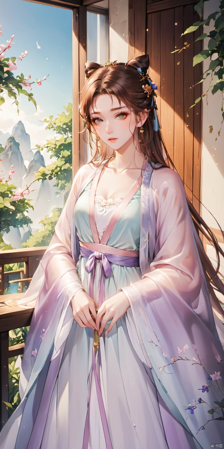  A girl, silk Hanfu, white,，CG