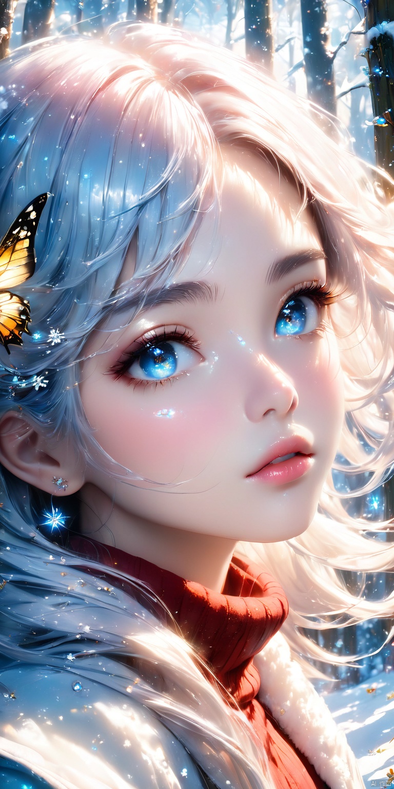  HD, CG, extreme details, fairy style, fisheye lens, exquisite facial features, clear pupils, moist lips, ((4k,masterpiece,best quality)), professional camera, 8k photos, wallpaper Masterpiece, best quality, extremely fine CG unified 8k wallpaper,(extremely detailed CG unity 8k wallpaper),(masterpiece), (best quality), (ultra-detailed), (best illustration),(best shadow), (an extremely delicate and beautiful), classic, dynamic angle, floating, finely detail, Depth of field, classic, (painting), (sketch), (bloom), (shine), glinting stars, a girl,solo,Winter clothing, diamond and glaring eyes, beautiful detailed cold face, very long blue and sliver hair, wavy hair, extremely delicate and beautiful girls, beautiful detailed eyes, glowing eyes,Upper body,(female focus), winter, (forest),snow-covered landscape, (fairyland,flowers, nature), ((super detailed details)), ultra- high resolution, 8k, fisheye lens, beautiful, xihua