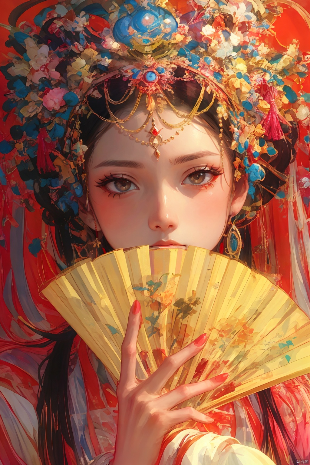 1girl, solo, long hair, looking at viewer, black hair, hair ornament, long sleeves, holding, jewelry, closed mouth, upper body, flower, earrings, indoors, hand up, hair flower, wide sleeves, nail polish, grey eyes, eyelashes, makeup, chinese clothes, lipstick, tassel, hand fan, red nails, eyeshadow, folding fan, red lips, hair stick, holding fan