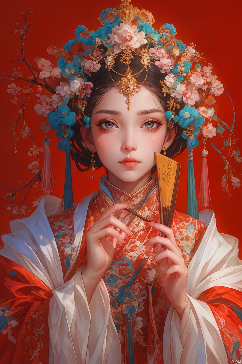 1girl, solo, long hair, looking at viewer, black hair, hair ornament, long sleeves, holding, jewelry, closed mouth, upper body, flower, earrings, indoors, hand up, hair flower, wide sleeves, nail polish, grey eyes, eyelashes, makeup, chinese clothes, lipstick, tassel, hand fan, red nails, eyeshadow, folding fan, red lips, hair stick, holding fan