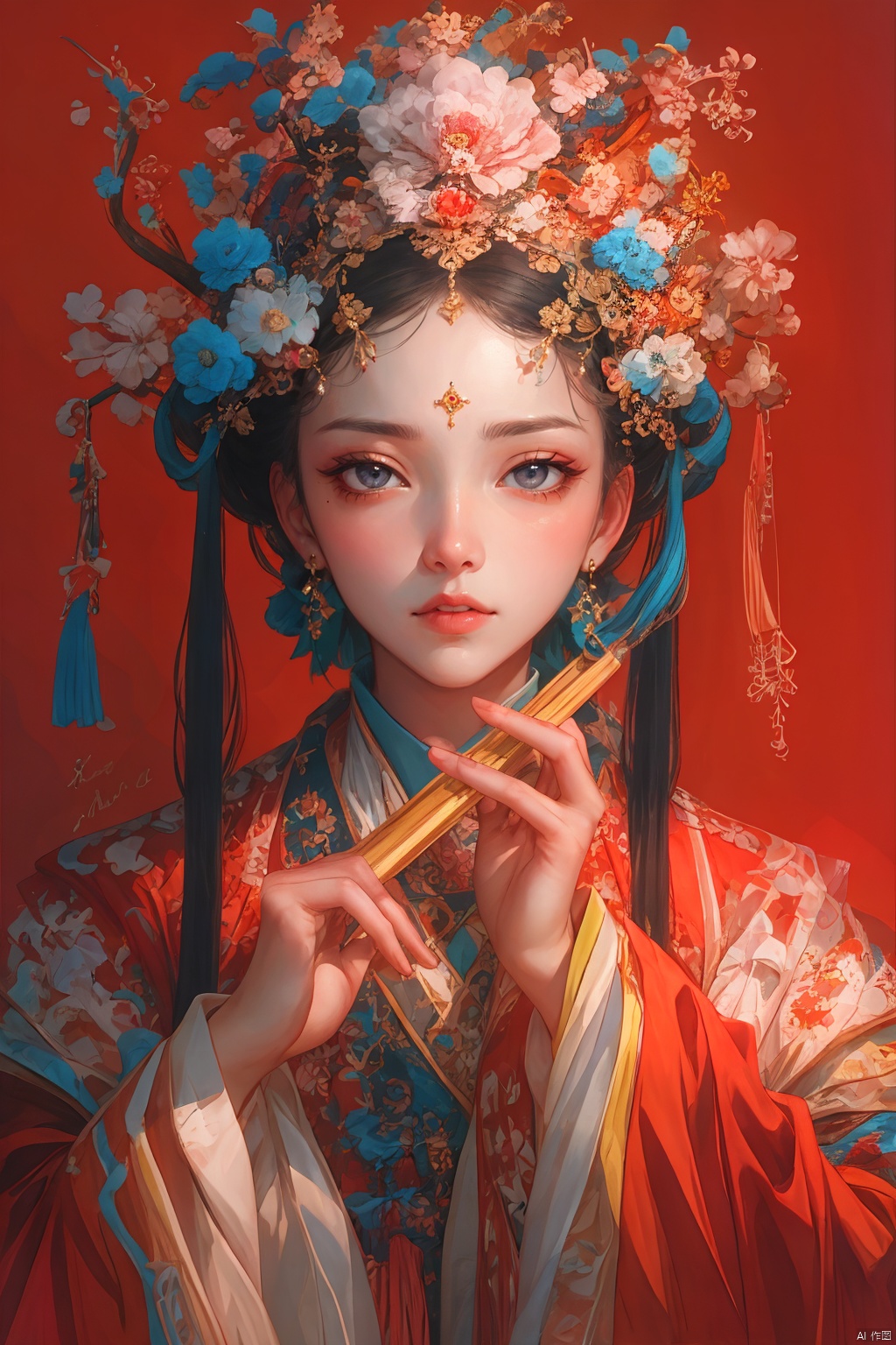 1girl, solo, long hair, looking at viewer, black hair, hair ornament, long sleeves, holding, jewelry, closed mouth, upper body, flower, earrings, indoors, hand up, hair flower, wide sleeves, nail polish, grey eyes, eyelashes, makeup, chinese clothes, lipstick, tassel, hand fan, red nails, eyeshadow, folding fan, red lips, hair stick, holding fan