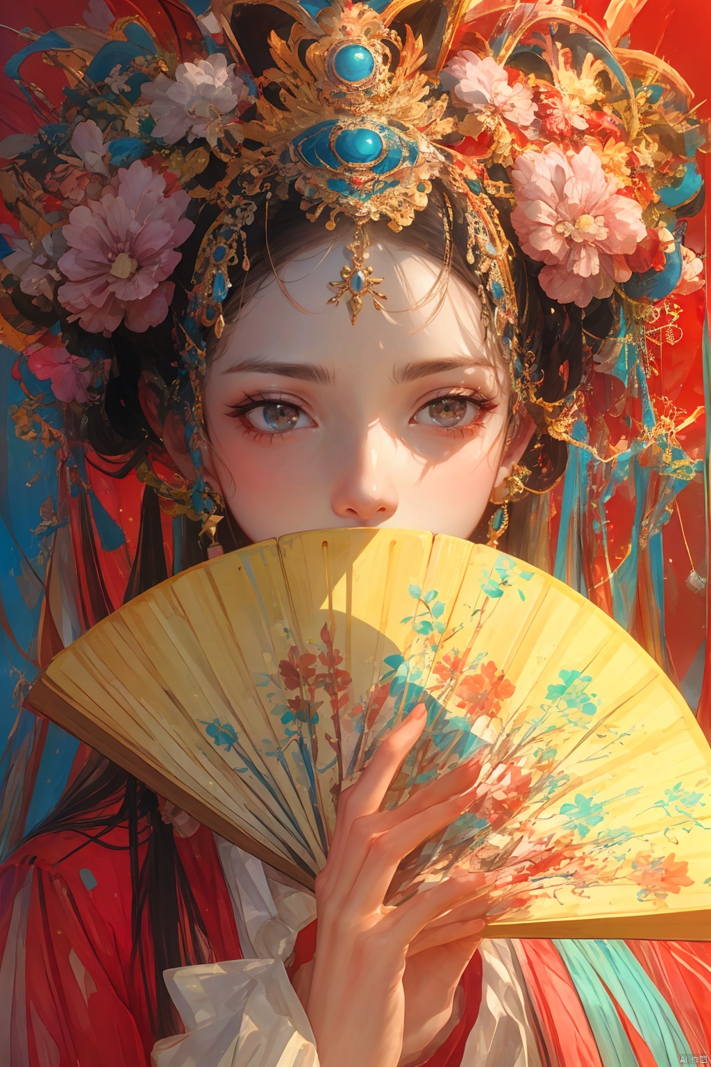 1girl, solo, long hair, looking at viewer, black hair, hair ornament, long sleeves, holding, jewelry, closed mouth, upper body, flower, earrings, indoors, hand up, hair flower, wide sleeves, nail polish, grey eyes, eyelashes, makeup, chinese clothes, lipstick, tassel, hand fan, red nails, eyeshadow, folding fan, red lips, hair stick, holding fan